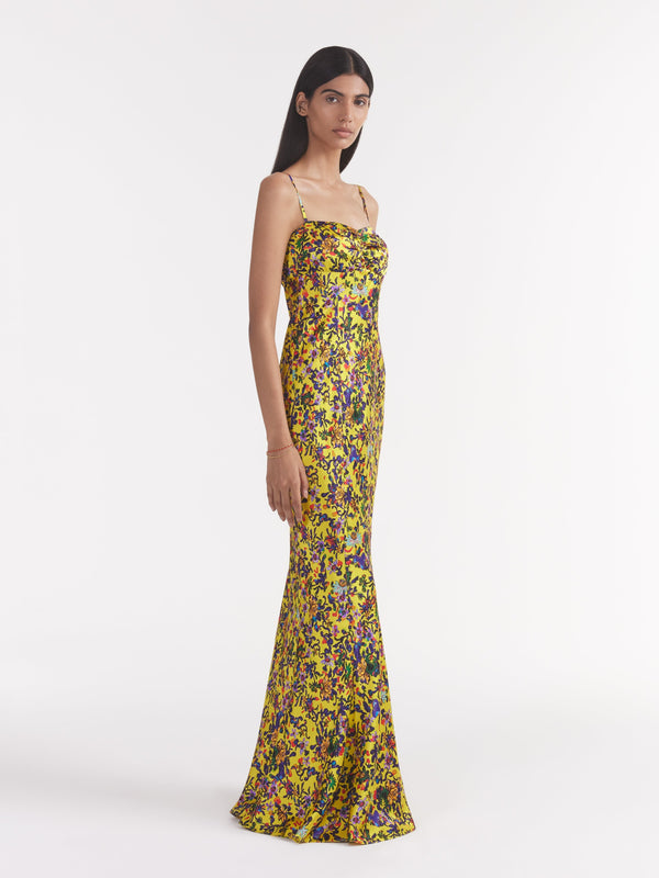 Saloni Renee Long Dress In Ornamental Citrine