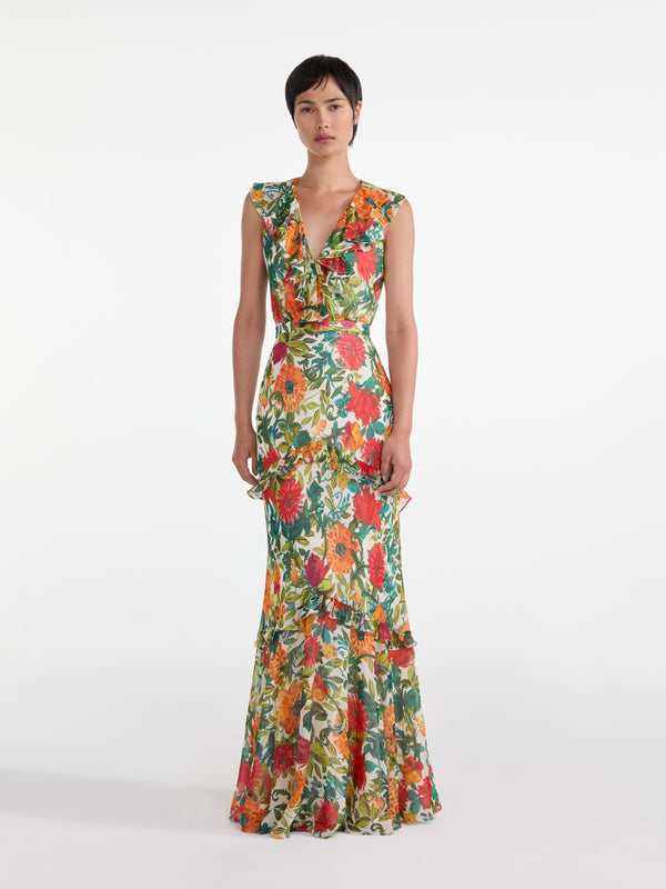 Saloni Rita Dress In Mandevilla Foliage
