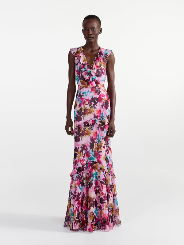 Saloni Rita Dress In Watercolour Flourish
