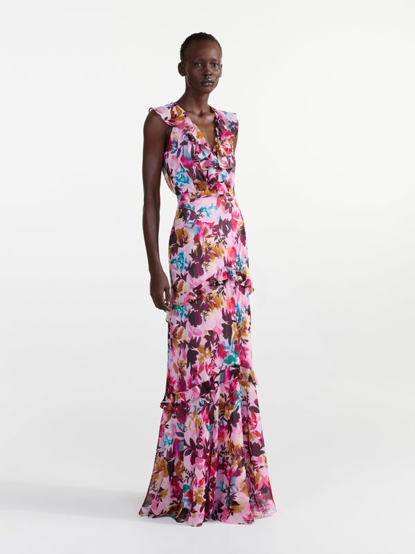 Saloni Rita Dress In Watercolour Flourish