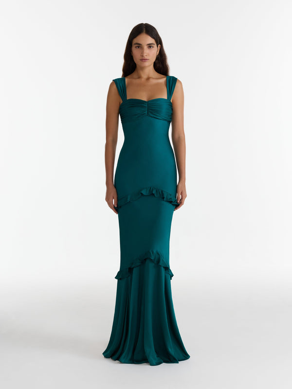 Saloni Selma Long Dress In Dark Teal