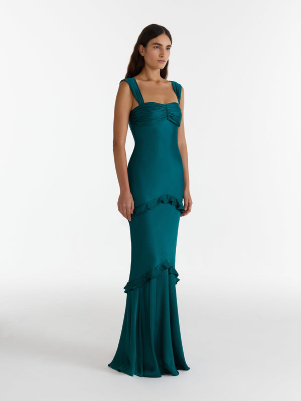 Saloni Selma Long Dress In Dark Teal