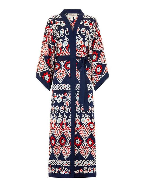 saloni Silk Kimono Robe in Navy Batik