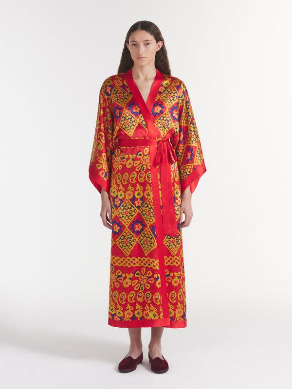 Saloni Silk Kimono Robe In Ruby Batik