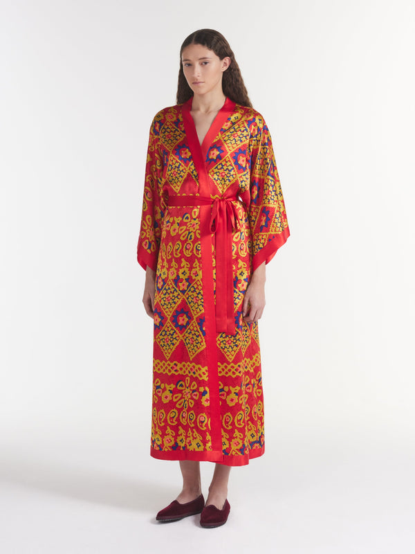 Saloni Silk Kimono Robe In Ruby Batik