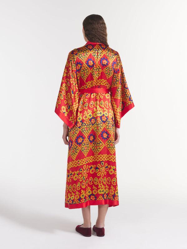 Saloni Silk Kimono Robe In Ruby Batik