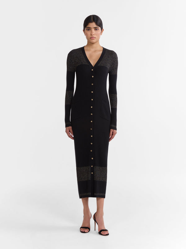 Saloni Venyx Long Rib Cardigan Dress In Black Gold