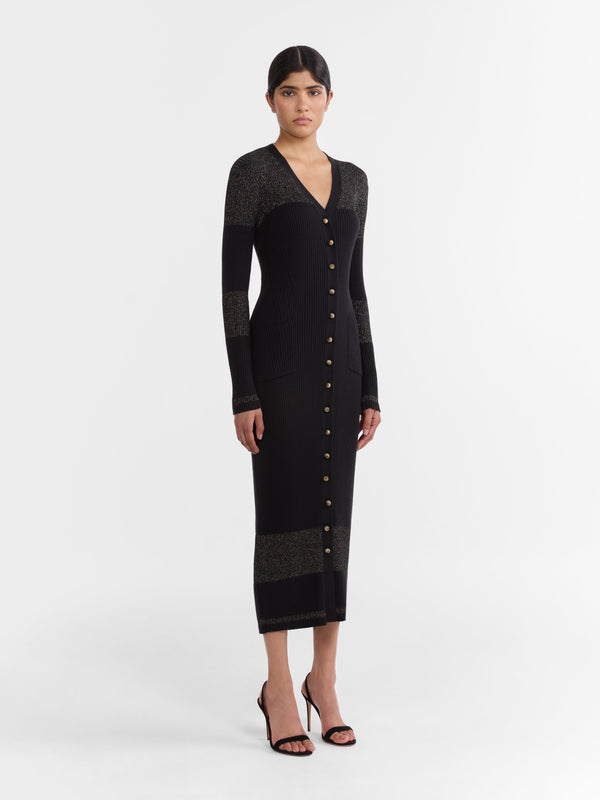Saloni Venyx Long Rib Cardigan Dress In Black Gold