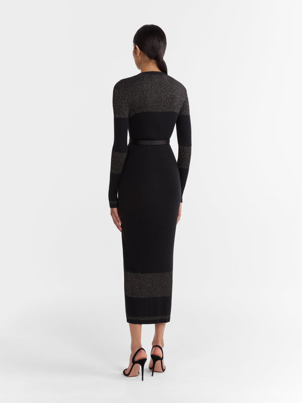 Saloni Venyx Long Rib Cardigan Dress In Black Gold