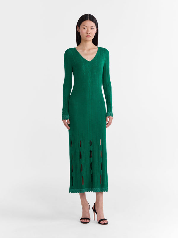 Saloni Venyx Pointelle Dress In Jade Metallic