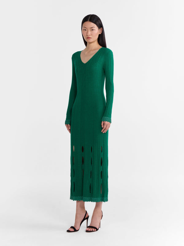 Saloni Venyx Pointelle Dress In Jade Metallic