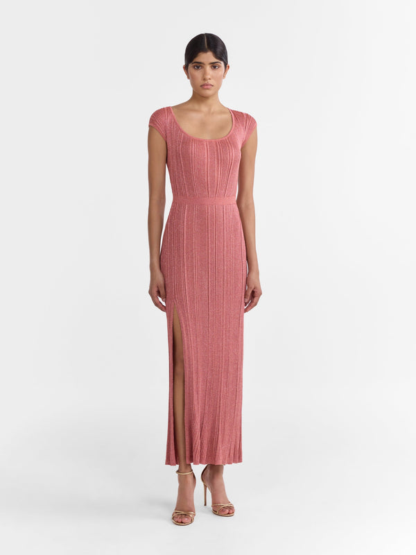 Saloni Venyx Stardust Rib Dress In Copper Metallic