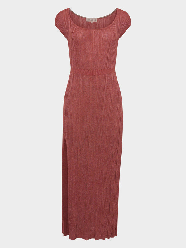 saloni Venyx Stardust Rib Dress in Copper Metallic