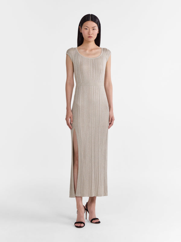 Saloni Venyx Stardust Rib Dress In Pale Silver