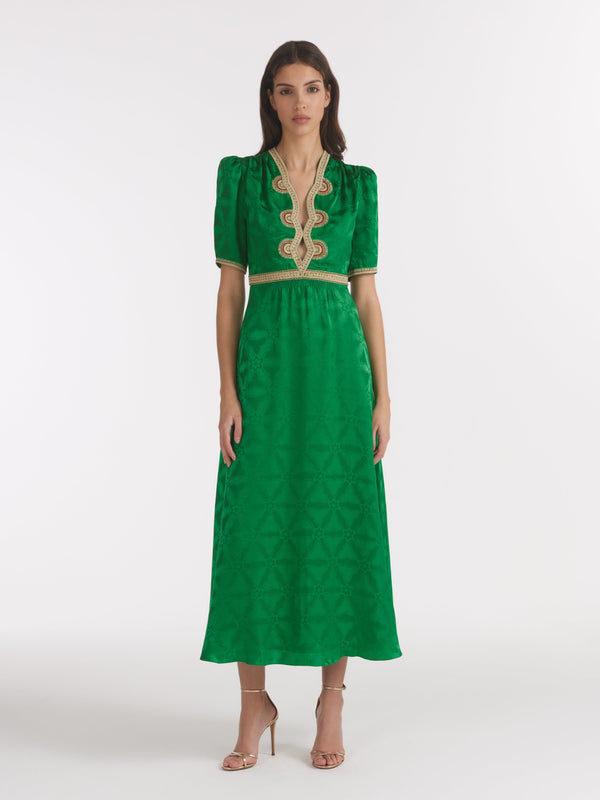 Saloni Tabitha C Dress In Emerald Green Ornate Embroidery