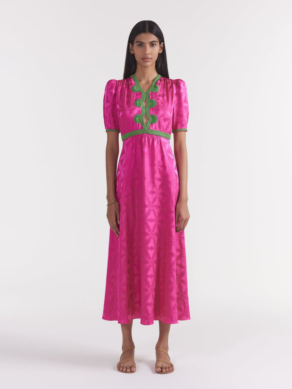 Saloni Tabitha Dress In Honeysuckle Pink Embroidery