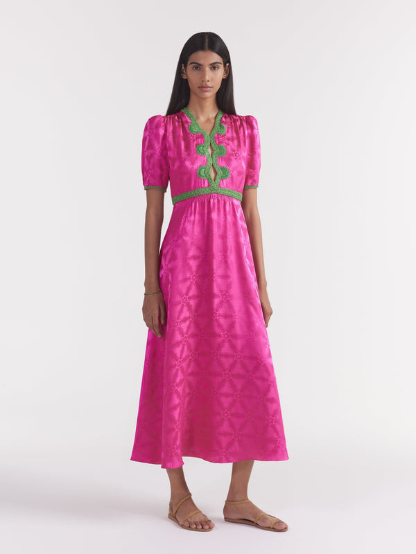 Saloni Tabitha Dress In Honeysuckle Pink Embroidery