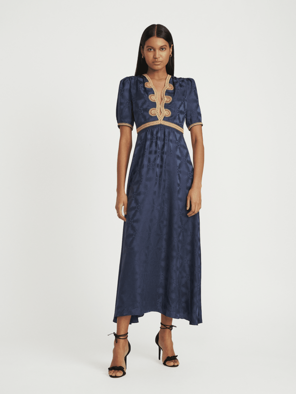 Saloni Tabitha Dress In Navy With Ornate Embroidery