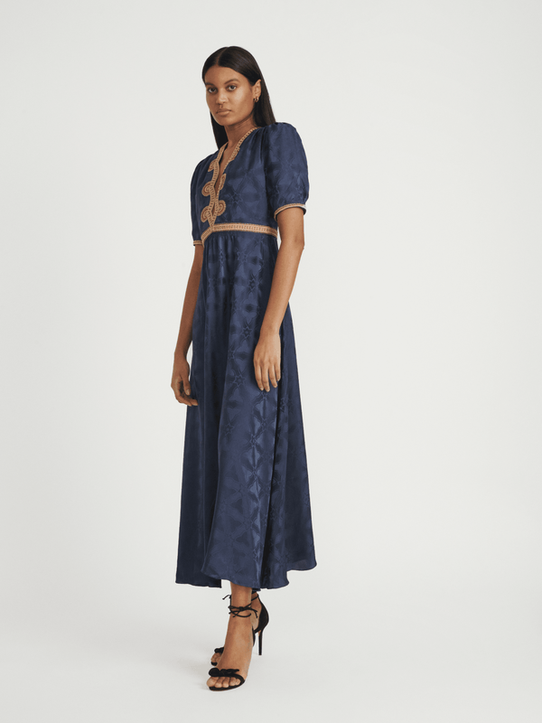 Saloni Tabitha Dress In Navy With Ornate Embroidery