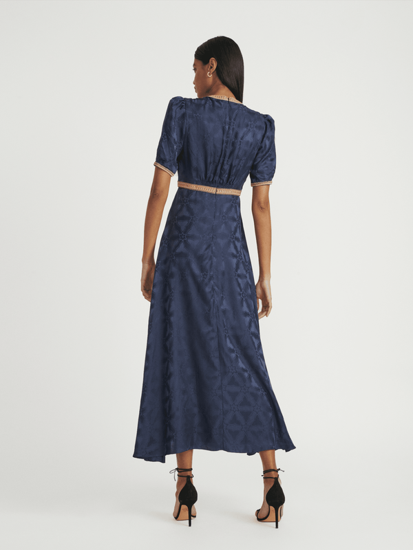 Saloni Tabitha Dress In Navy With Ornate Embroidery