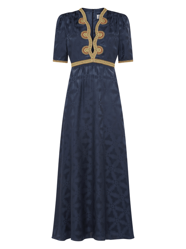 saloni Tabitha Dress in Navy with Ornate Embroidery