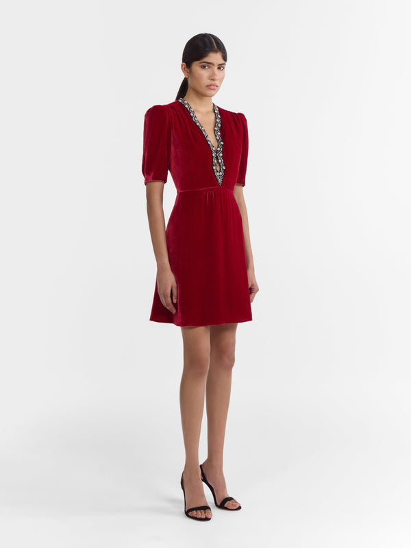 Saloni Tabitha Mini B Dress True Red Black Embroidery