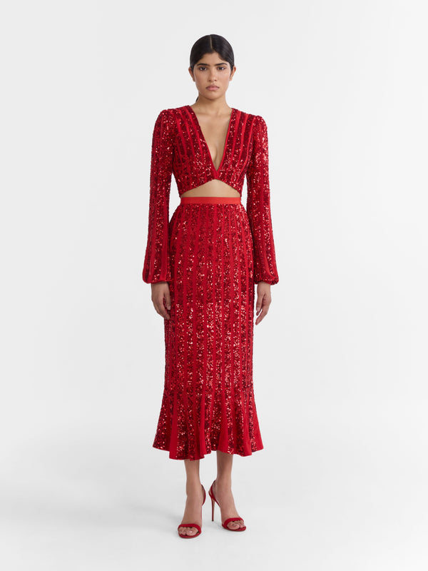 Saloni Venyx Camille Crop Top In Scarlet With Sequin Embroidery