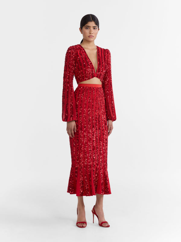 Saloni Venyx Camille Crop Top In Scarlet With Sequin Embroidery