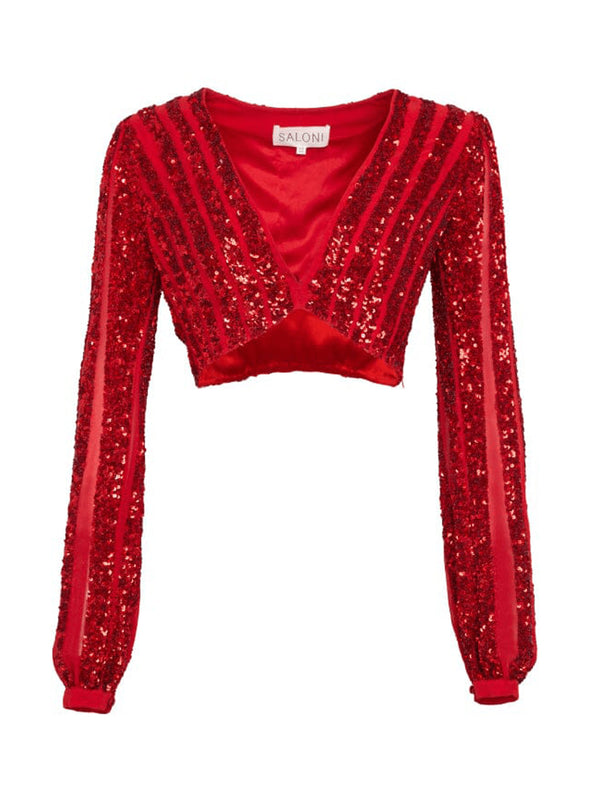 saloni Venyx Camille Crop Top in Scarlet with Sequin Embroidery