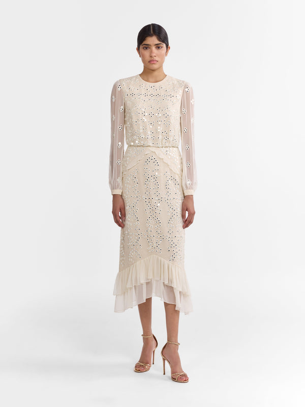 Saloni Venyx Isa Silk B Dress In Ivory Mirror Embroidery