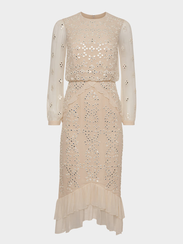 saloni Venyx Isa Silk B Dress in Ivory Mirror Embroidery
