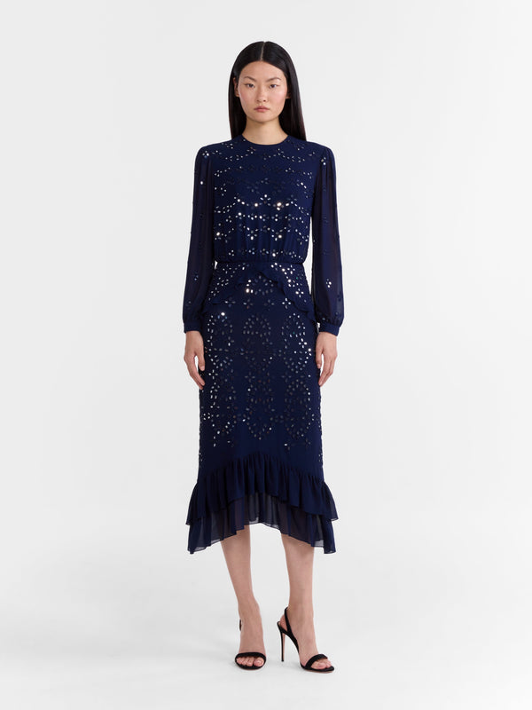 Saloni Venyx Isa Silk B Dress In Navy Ornate Mirror Embroidered