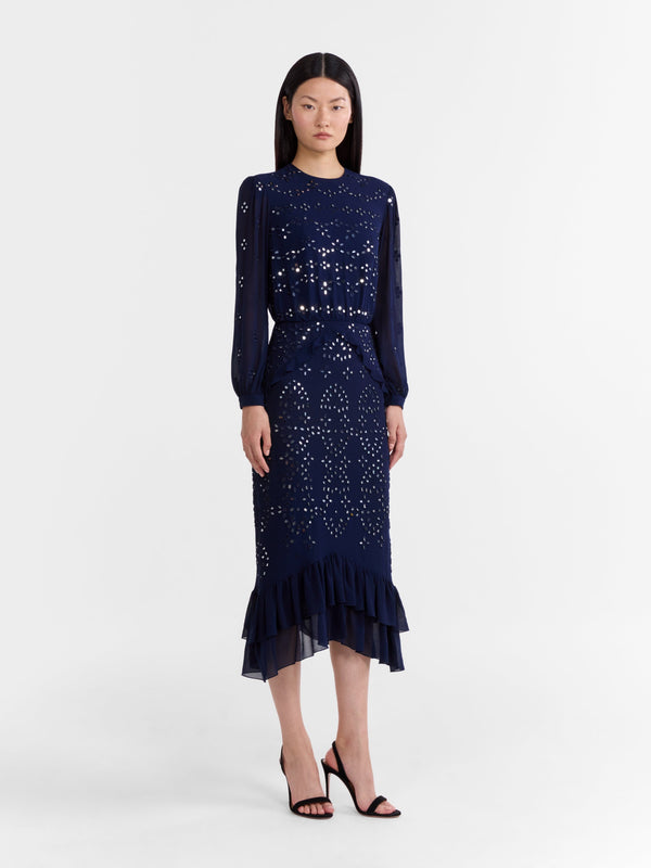 Saloni Venyx Isa Silk B Dress In Navy Ornate Mirror Embroidered
