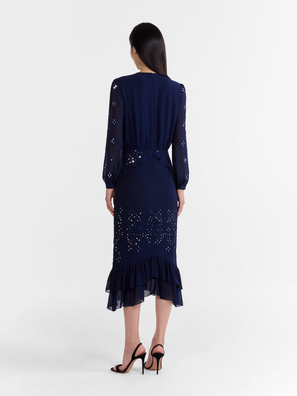 Saloni Venyx Isa Silk B Dress In Navy Ornate Mirror Embroidered