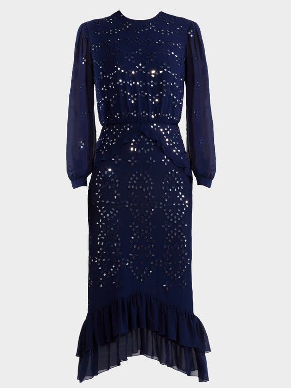 saloni Venyx Isa Silk B Dress in Navy Ornate Mirror Embroidered