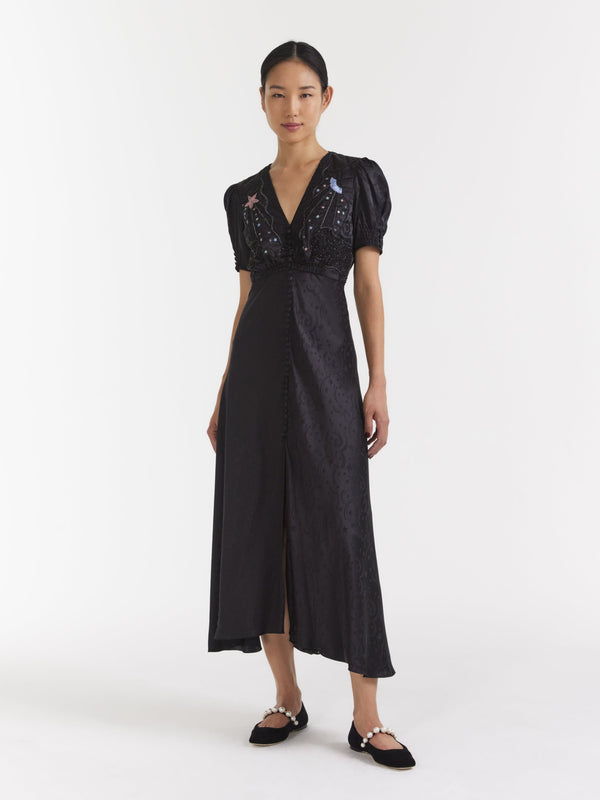 Saloni Venyx Lea Long Dress In Black Moonbeam Embroidery
