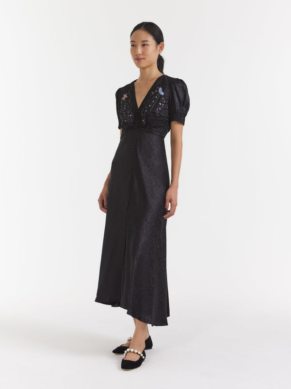 Saloni Venyx Lea Long Dress In Black Moonbeam Embroidery