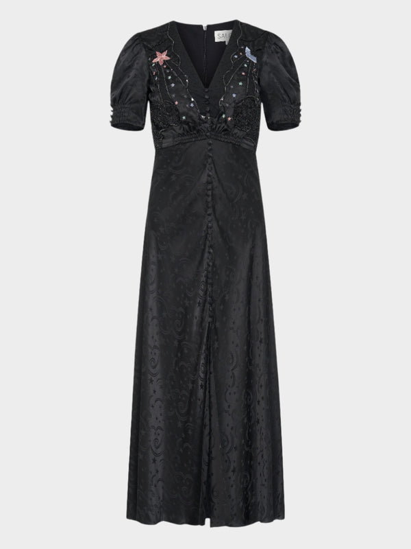 saloni Venyx Lea Long Dress in Black Moonbeam Embroidery