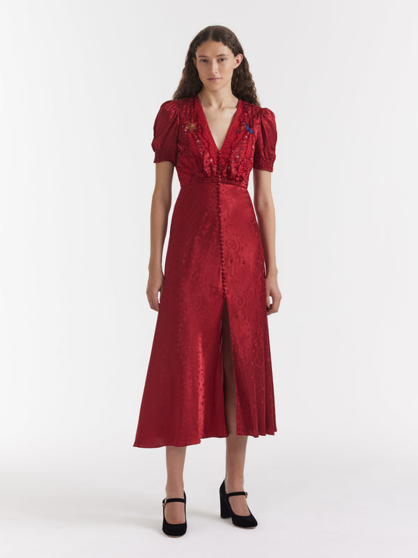 Saloni Venyx Lea Long Dress In Deep Red Moonbeam Embroidery