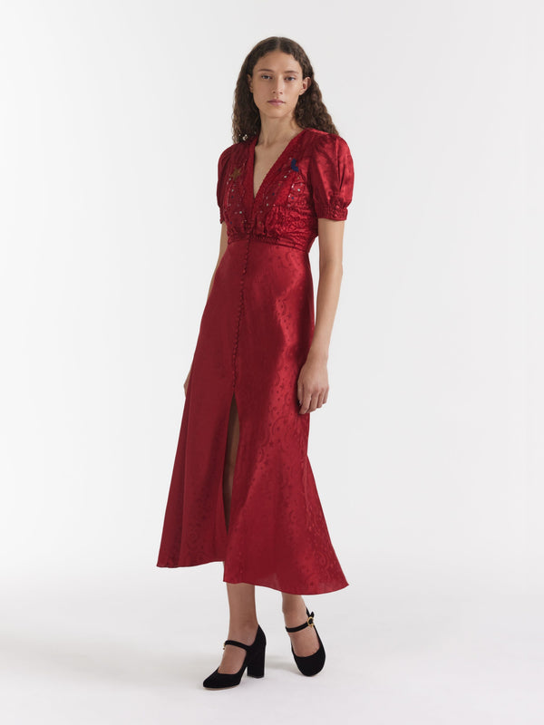 Saloni Venyx Lea Long Dress In Deep Red Moonbeam Embroidery