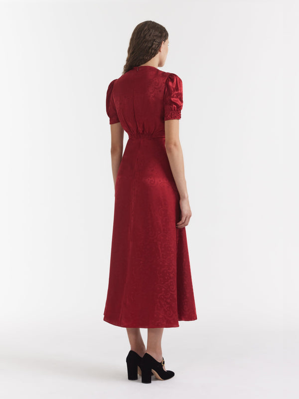 Saloni Venyx Lea Long Dress In Deep Red Moonbeam Embroidery