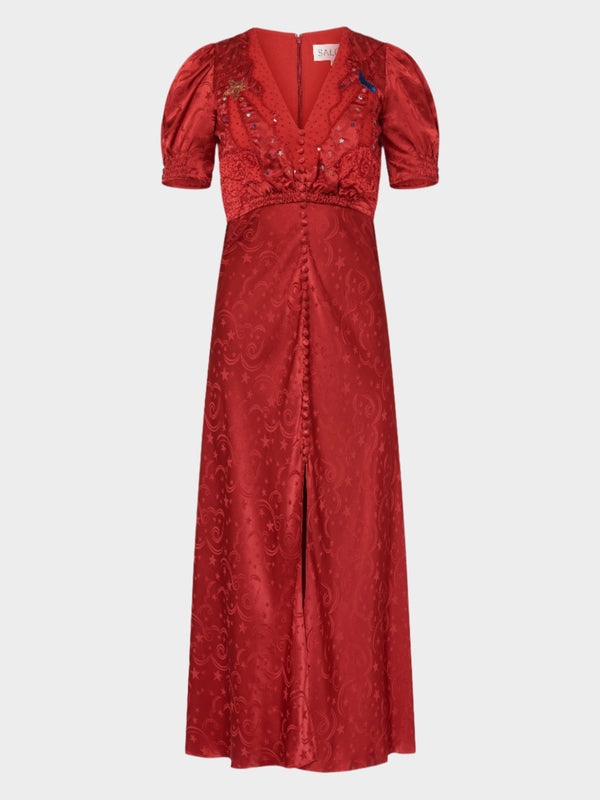 saloni Venyx Lea Long Dress in Deep Red Moonbeam Embroidery