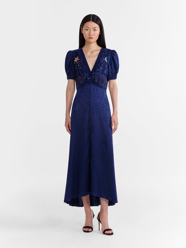 Saloni Venyx Lea Long Dress In Navy Astro Embroidered