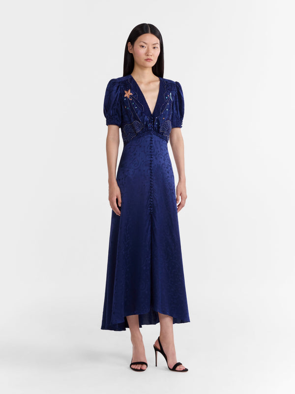 Saloni Venyx Lea Long Dress In Navy Astro Embroidered