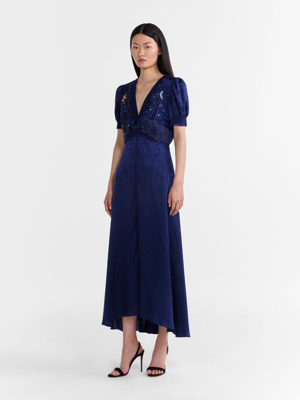 Saloni Venyx Lea Long Dress In Navy Astro Embroidered