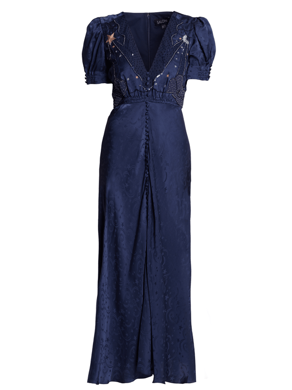 saloni Venyx Lea Long Dress in Navy Astro Embroidered