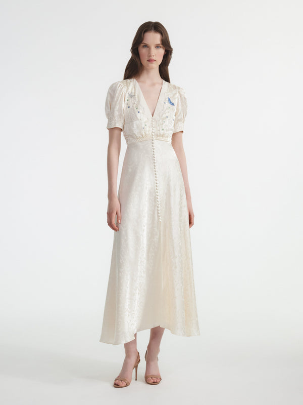 Saloni Venyx Lea Long Dress In Tusk Moonbeam Embroidery