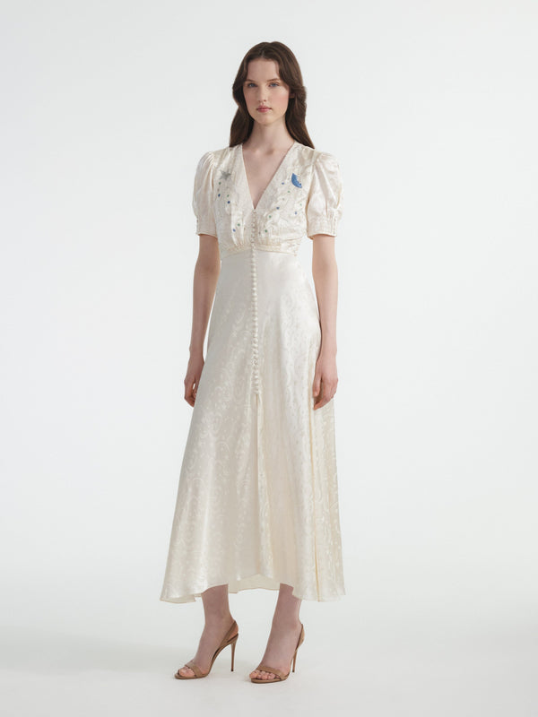 Saloni Venyx Lea Long Dress In Tusk Moonbeam Embroidery