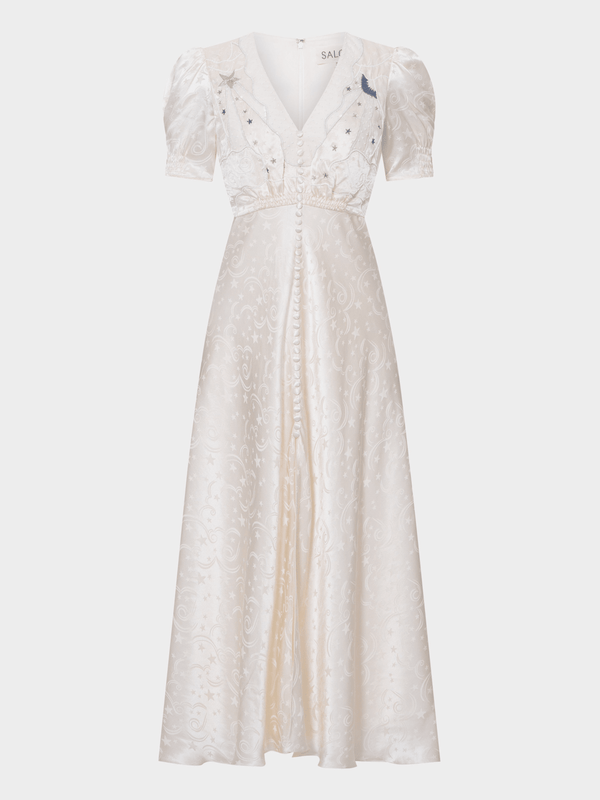 saloni Venyx Lea Long Dress in Tusk Moonbeam Embroidery