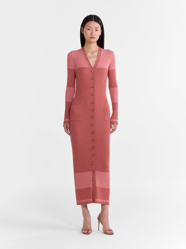 Saloni Venyx Long Rib Cardigan Dress In Cinnamon Metallic